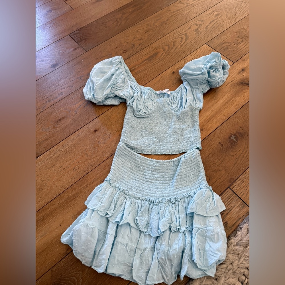 Light Blue Puff Sleeve Two-Piece Dress Set
